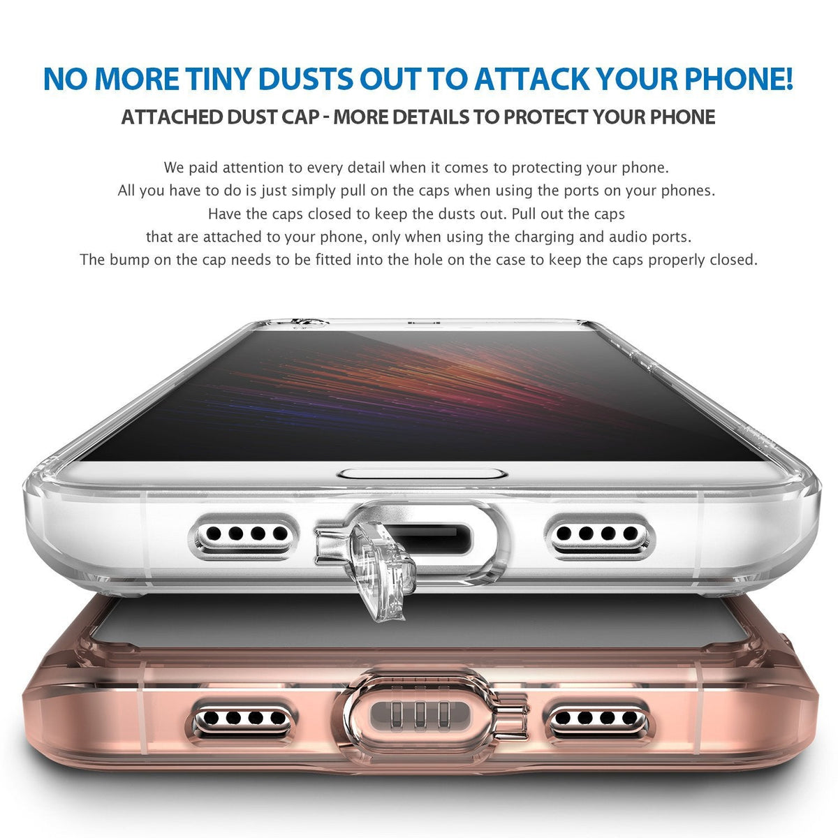 Mi 5 Case | Fusion - Clear and rose gold phone cases with integrated dust caps for charging ports.
