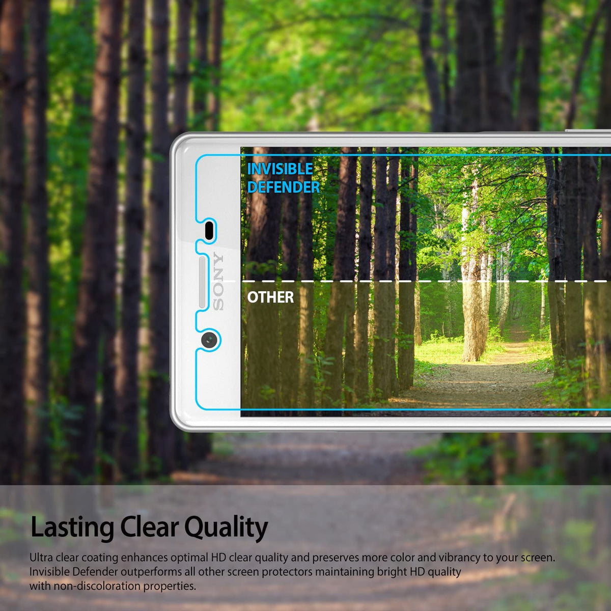 Xperia X Performance Screen Protector | Invisible Defender - Xperia X Performance Screen Protector - Comparison showing Invisible Defender clarity versus a duller screen overlay.
