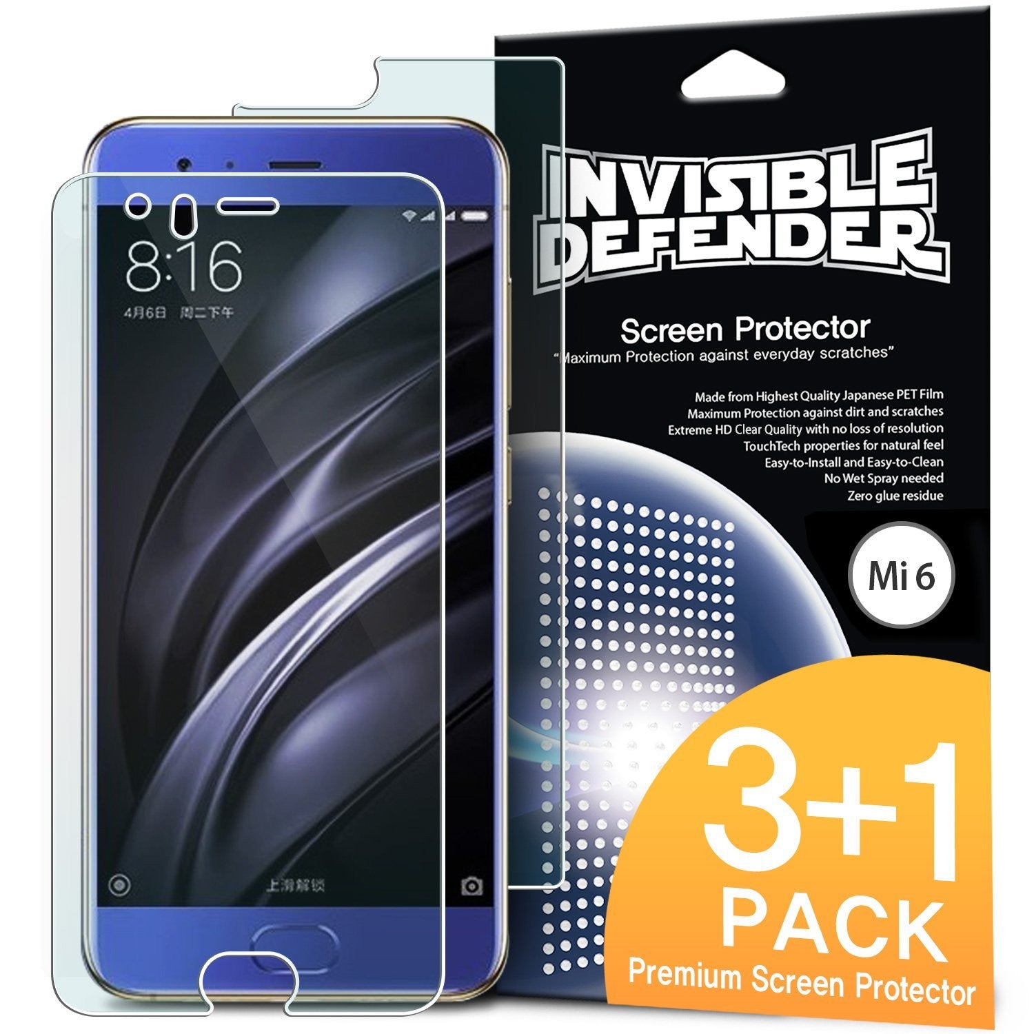 Xiaomi Mi 6 Screen Protector | Invisible Defender - Xiaomi Mi 6 Screen Protector - Clear film overlaying a blue smartphone next to a 3+1 pack retail box.