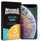 iPhone XS Max Screen Protector | Invisible Defender Glass - iPhone XS Max Screen Protector - Invisible Defender 3-pack tempered glass box next to an iPhone with a screen protector.