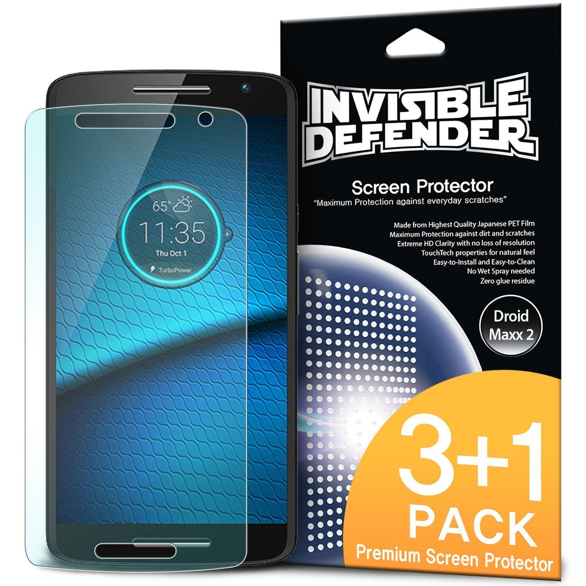 Droid Maxx 2 [INVISIBLE DEFENDER] 3+1 Pack - Droid Maxx 2 smartphone with a clear screen protector and retail packaging.