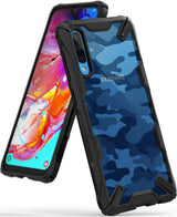Galaxy A70 Case | Fusion-X - Blue camouflage phone case with black rugged bumper on a Samsung Galaxy A70 with colorful screen.