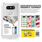 LG G5 Case | Fusion - Clear phone case with customizable inserts, showing various design examples and a DIY video QR code.