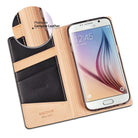 Galaxy S6 [DISCOVER] - Brown - Open brown and black leather wallet case holding a Samsung Galaxy S6 smartphone.