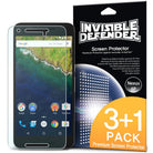 Google Nexus 6P Screen Protector | Film - A Nexus 6P phone with a clear film protector next to an Invisible Defender 3+1 pack box.