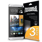 HTC One Mini M4 [INVISIBLE DEFENDER] 3 Pack - HTC One Mini smartphone next to a 3-pack screen protector retail box.