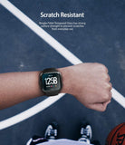 Fitbit Versa Screen Protector | Glass - Fitbit Versa Screen Protector - A person wearing a black Fitbit Versa on a basketball court with scratch-resistant text overlay.