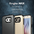 Galaxy S6 Case | Max - Three Galaxy S6 phones in black and gold Ringke Max hybrid cases against a dark geometric background.