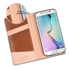 Galaxy S6 Edge [DISCOVER] - Brown - Open brown leather wallet case with a Samsung Galaxy S6 Edge phone and card slots.
