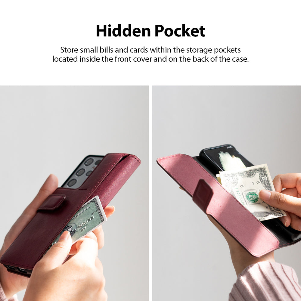 Galaxy S21 Ultra Case | Folio Signature+ - Hands holding a maroon phone case with cards and cash in hidden pockets.