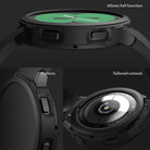 Galaxy Watch 4 (40mm) Case | Air Sports - Close-up views of watch case buttons and back sensor cutouts on a black smartwatch.