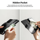 Galaxy Note 20 Ultra Case | Folio Signature+ - Hands inserting a card and cash into the hidden pockets of a black folio case.