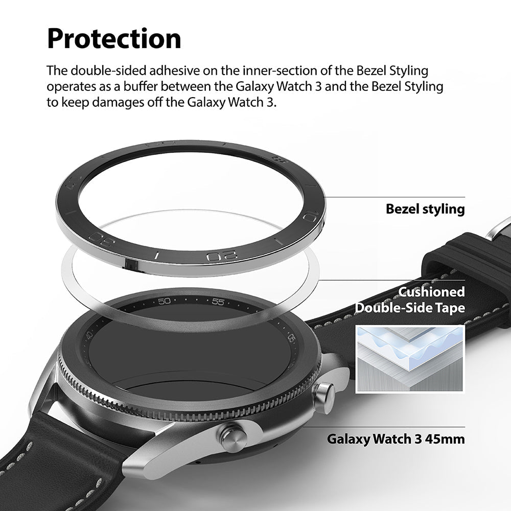 Galaxy Watch 3 (45mm) | Bezel Styling - Exploded view showing bezel ring, adhesive layer, and watch face with inset tape detail.