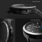Galaxy Watch 4 Classic 46mm | Bezel Styling - Close-up of watch bezel showing raised edges, tailored cutouts, and engraving.