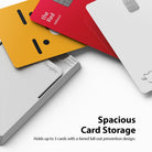 Card Holder | Magnetic Slot - A silver Ringke card holder displaying three stacked credit cards in yellow, red, and white.