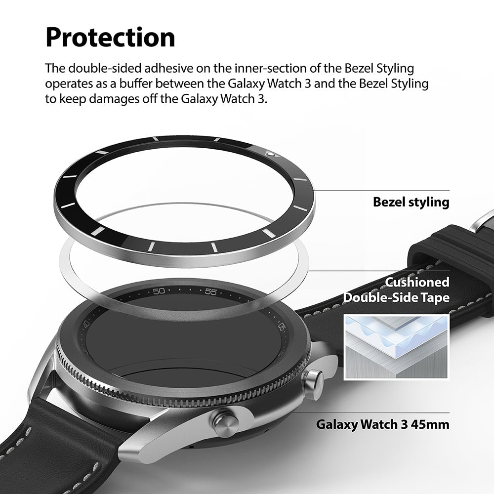 Galaxy Watch 3 (45mm) | Bezel Styling - Exploded view of a watch bezel ring, adhesive layer, and Galaxy Watch 3.