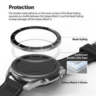 Galaxy Watch 3 (45mm) | Bezel Styling - Exploded view of a watch bezel ring, adhesive layer, and Galaxy Watch 3.