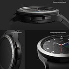 Galaxy Watch 4 Classic 46mm | Bezel Styling - Galaxy Watch 4 Classic 46mm - Close-up of watch bezel showing raised screen edge, tailored cutouts, and engraved pattern.