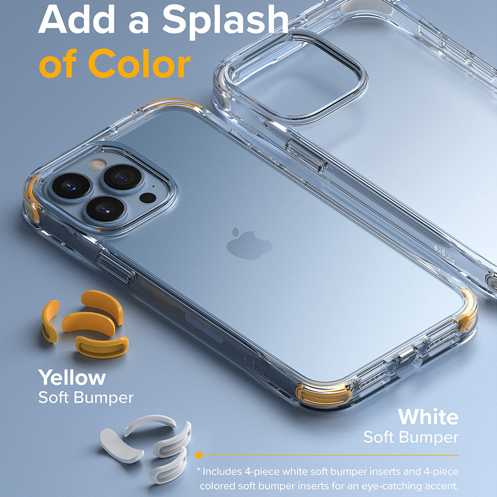 iPhone 13 Pro Max Case | Fusion Plus - Clear phone case with interchangeable yellow and white corner bumper inserts.