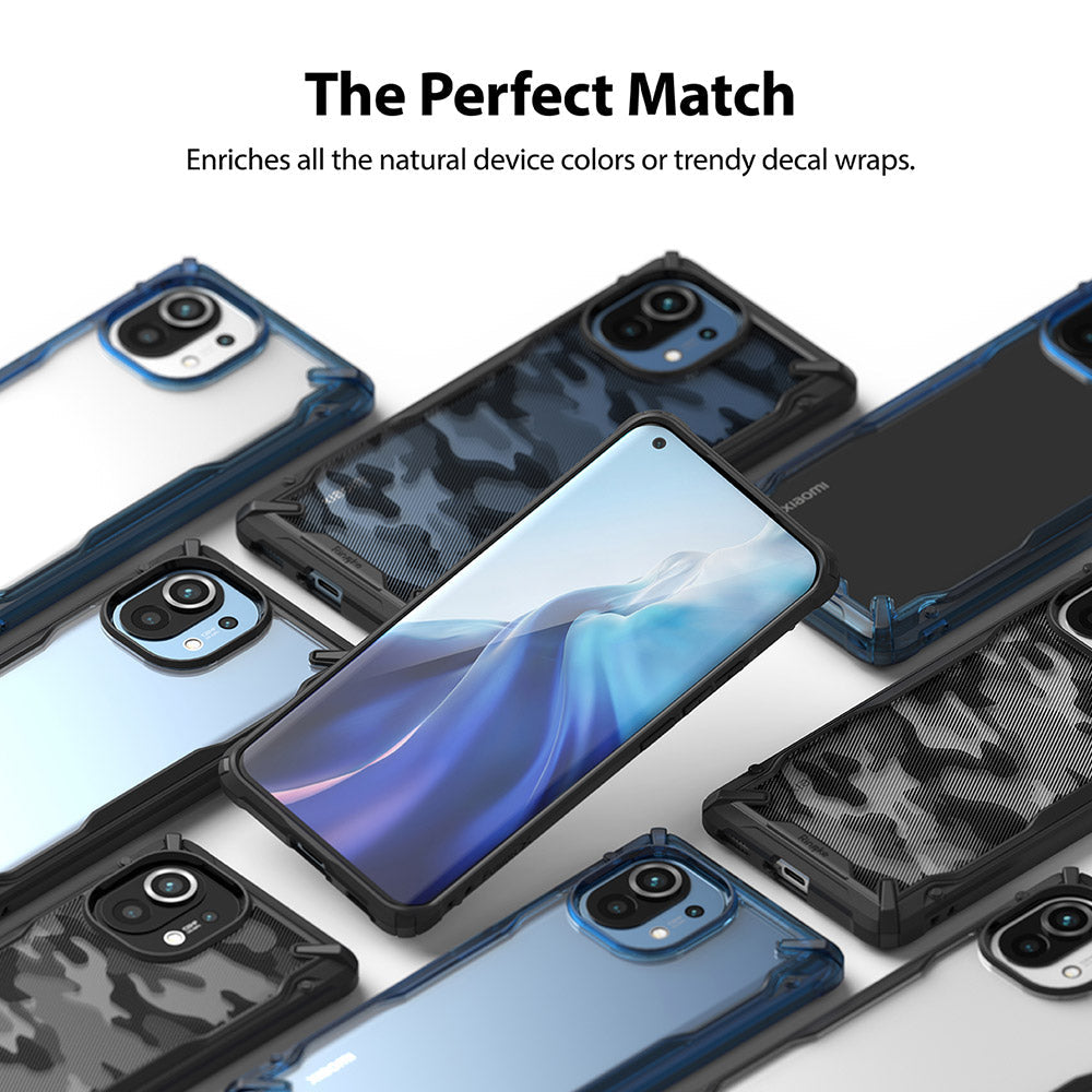 Mi 11 Case | Fusion-X - Multiple Mi 11 phones in clear and camouflage Fusion-X protective cases arranged on a white background.