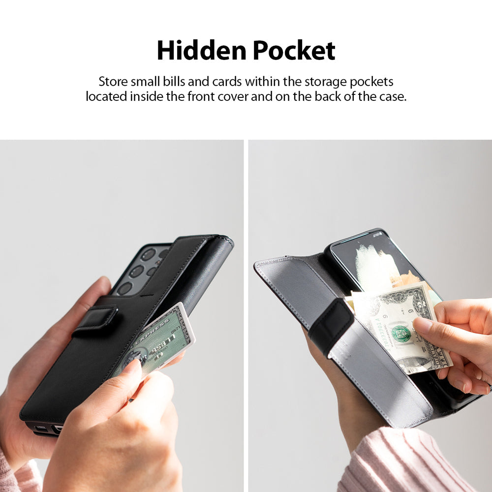 Galaxy S21 Ultra Case | Folio Signature+ - Hands holding a black leather phone case with cards and cash in hidden pockets.