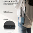 iPhone 12 / 12 Pro Case | [UX] - A person wearing a phone case with a lanyard strap, featuring a close-up of the side strap holes.