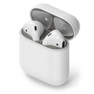 Ringke Airpods 2 / 1 Dust Guard Sticker - White AirPods in a charging case with a metallic gray dust guard sticker.