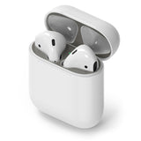 Ringke Airpods 2 / 1 Dust Guard Sticker - White AirPods in a charging case with a metallic gray dust guard sticker.