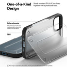 iPhone 12 / 12 Pro Case | [UX] - Exploded view of a phone case showing a frosted polycarbonate back and black TPU frame.