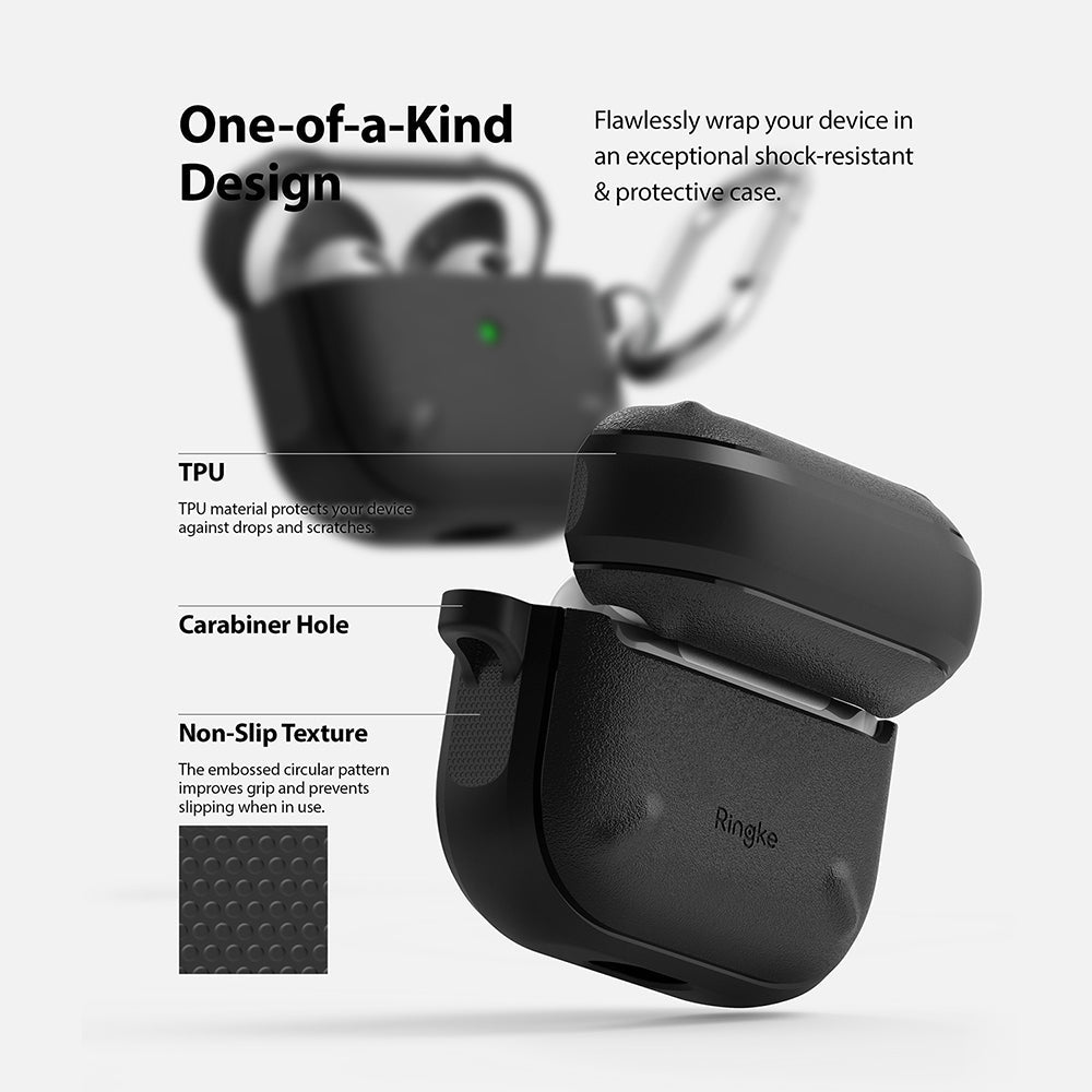 AirPods 3 Case | Onyx - Black textured protective case for AirPods 3 with carabiner hole and non-slip circular pattern.