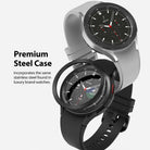 Galaxy Watch 4 Classic 46mm | Bezel Styling - Two smartwatches with textured metal bezels and silicone bands.