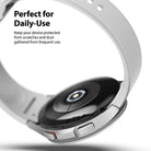 Galaxy Watch 4 Classic 46mm | Bezel Styling - Close-up of a silver smartwatch with a protective bezel ring and white band.
