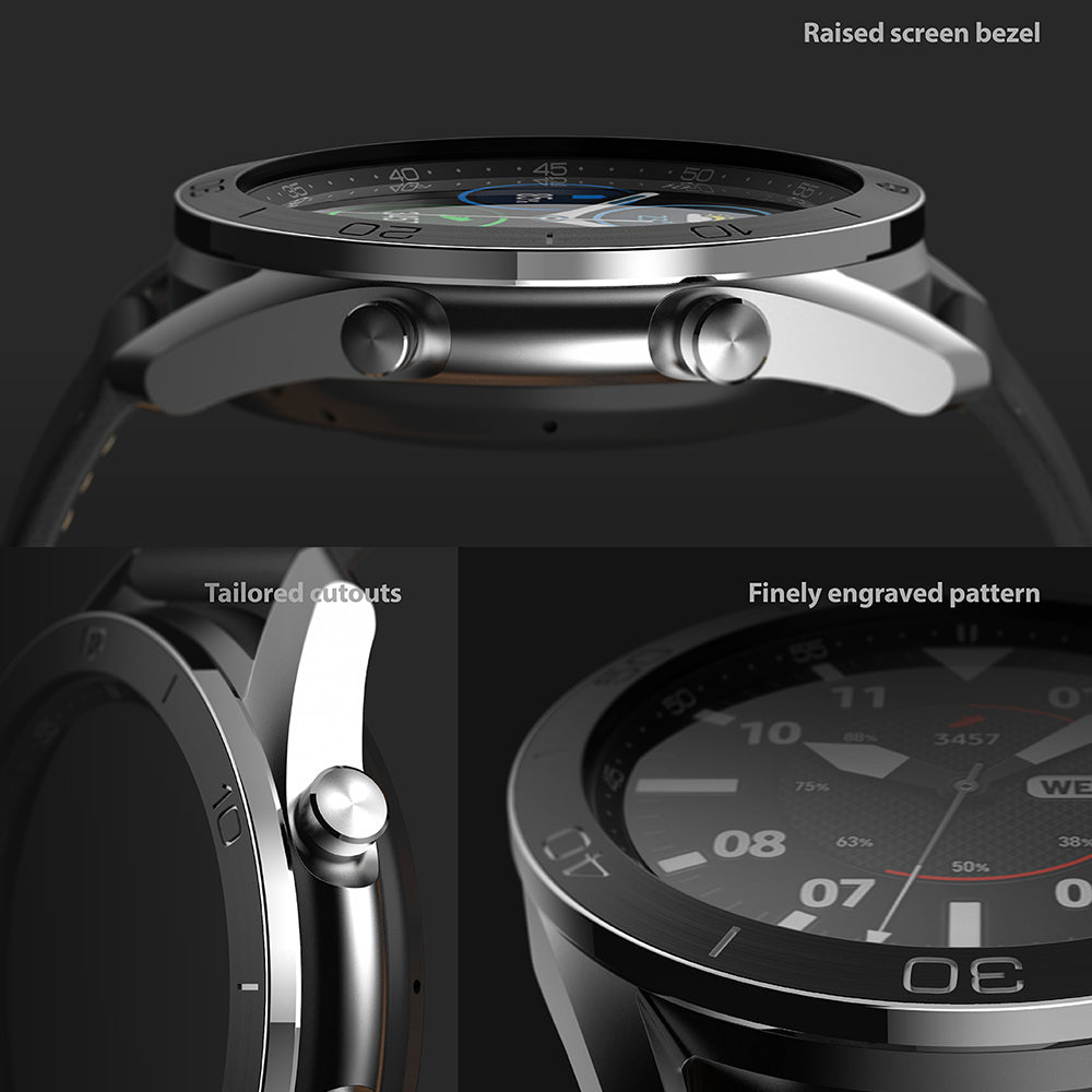 Galaxy Watch 3 (45mm) | Bezel Styling - Close-up of watch showing raised screen bezel, tailored cutouts, and engraved pattern.