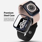 Apple Watch Series 6 / 5 / 4 / SE (44mm) | Bezel Styling - Two Apple Watches with navy blue stainless steel bezels.