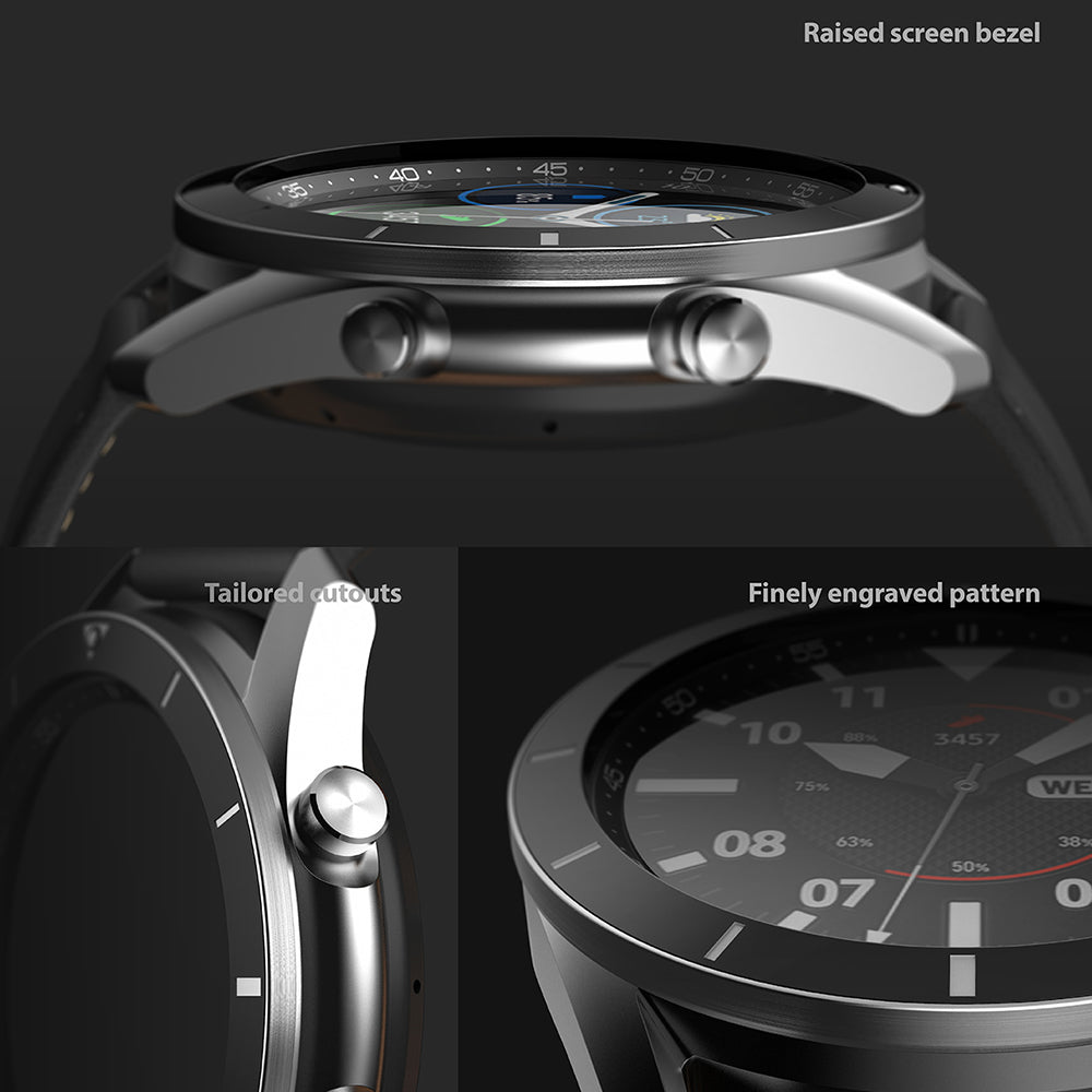 Galaxy Watch 3 (45mm) | Bezel Styling - Close-up of watch bezel showing raised screen, tailored cutouts, and engraved pattern.