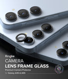 Galaxy A55 / A35 | Camera Lens Frame Glass - Black protective rings being applied to the camera lenses of a light blue phone.