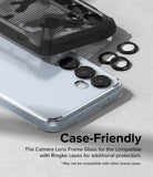 Galaxy A55 / A35 | Camera Lens Frame Glass - Protective lens rings installed on a smartphone next to a phone case.