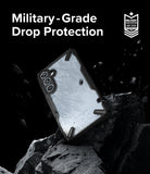 Galaxy A35 Case | Fusion-X - A protective phone case floating above jagged rocks with military-grade drop protection text.