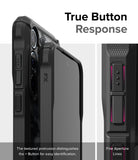 Galaxy A35 Case | Fusion-X - Close-up of phone case buttons with textured protrusions and fine aperture lines for tactile response.