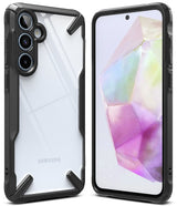 Galaxy A35 Case | Fusion-X - Samsung Galaxy A35 with a clear back and black rugged bumper frame, shown from front and back.