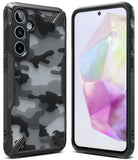 Galaxy A35 Case | Fusion-X - Black rugged phone case with camo back pattern and front view showing a crystal-themed screen.