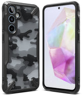 Galaxy A35 Case | Fusion-X - Black rugged phone case with camo back pattern and front view showing a crystal-themed screen.