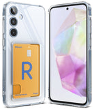 Galaxy A35 Case | Fusion Card - Clear phone case with a rear card slot holding a yellow card, shown from front and back.