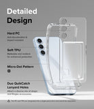 Galaxy A35 Case | Fusion Card - Exploded view of a clear phone case highlighting PC, TPU, micro-dots, and lanyard holes.