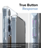 Galaxy A35 Case | Fusion Card - Close-up of clear phone case buttons with notch-cutout design for tactile response.