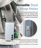 Galaxy A35 Case | Fusion - A phone in a clear case with dual strap holes attached to a green lanyard and a small accessory bag.