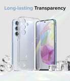 Galaxy A35 Case | Fusion - Clear protective phone case standing next to a light blue smartphone surrounded by ice cubes.