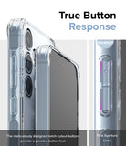 Galaxy A35 Case | Fusion - Close-up of clear phone case buttons with notch-cutouts for tactile response and aperture lines.