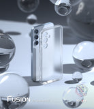 Galaxy A35 Case | Fusion Matte - A Galaxy A35 phone beside a clear matte protective case surrounded by floating glass spheres.