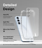 Galaxy A35 Case | Fusion Matte - Exploded view of a clear phone case highlighting PC, TPU, and lanyard hole features.